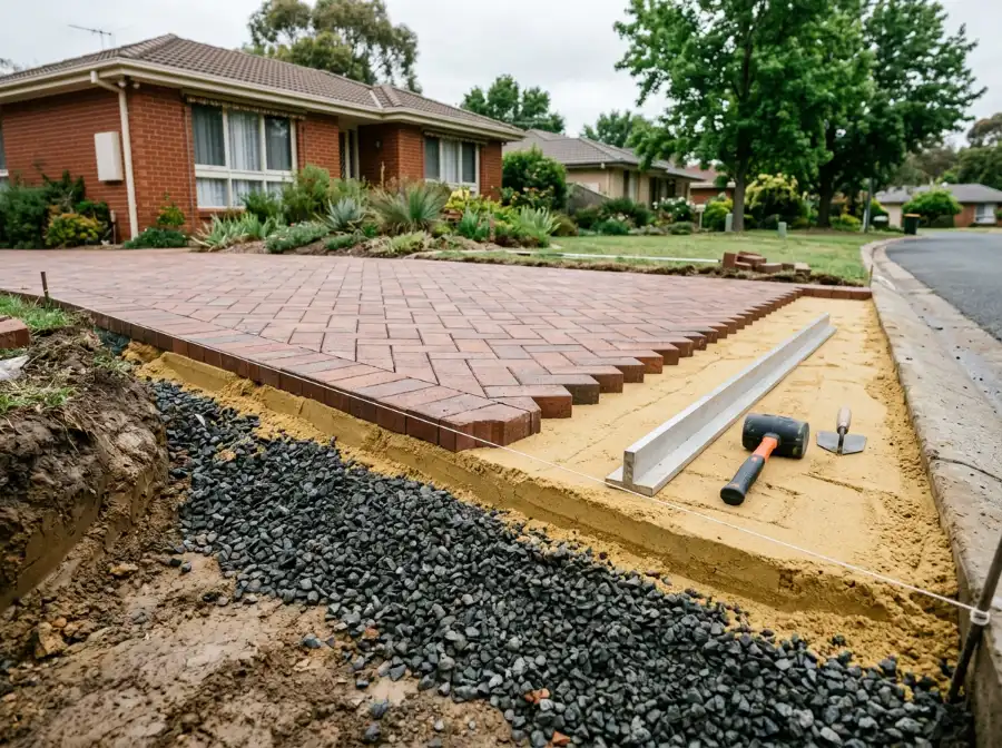 Clay paver driveway being laid at a Canberra home, with the compacted road base, screeded bedding sand and first rows of pavers visible at the edge