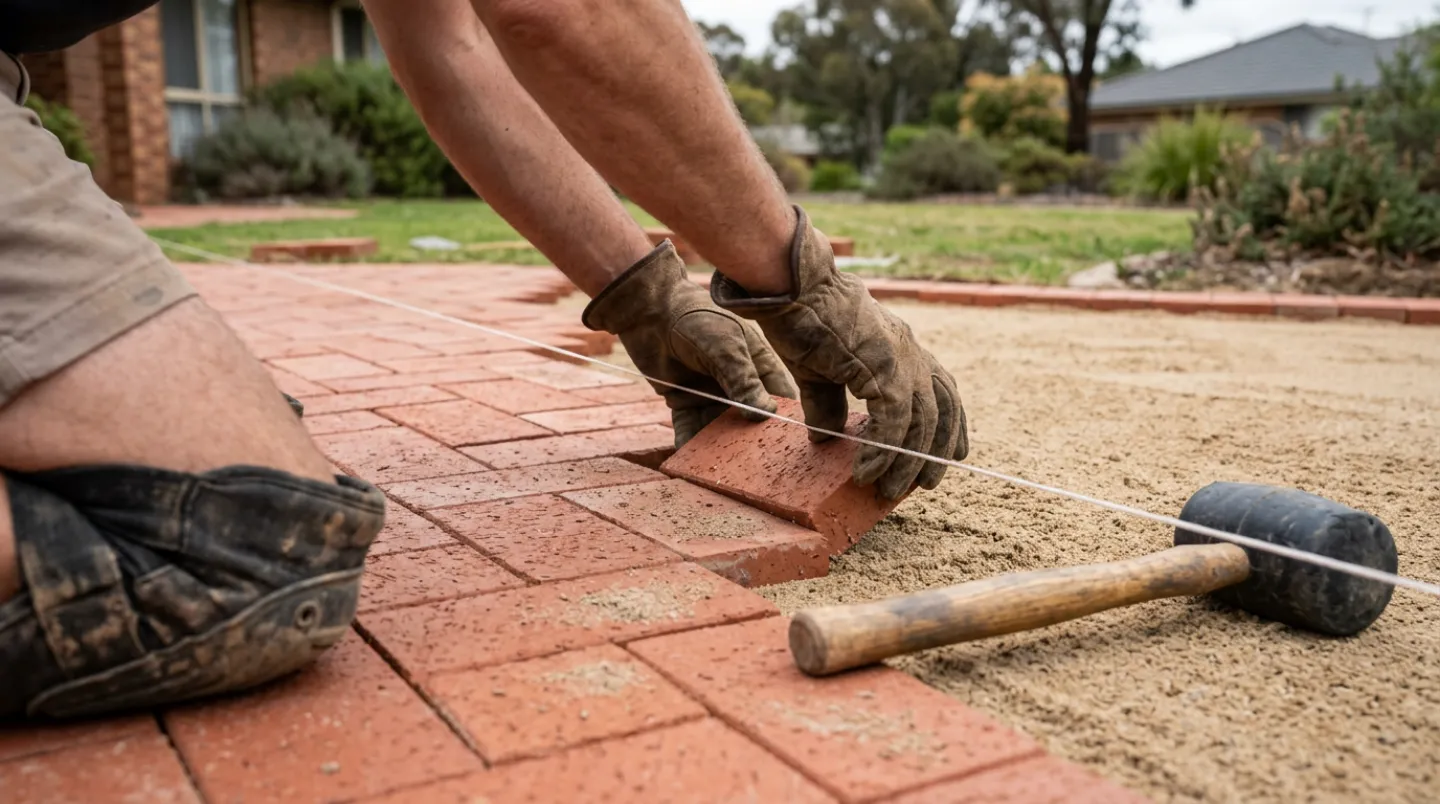Gloved hands setting a red clay paver into herringbone on screeded bedding sand, with a mallet and string line