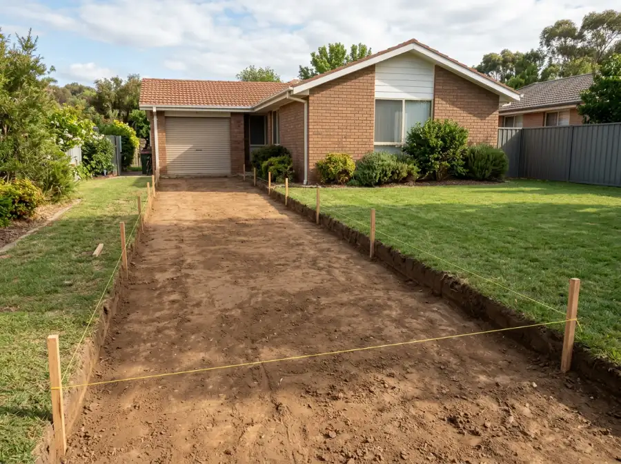 Front yard dug out with string lines set, ready for the road base