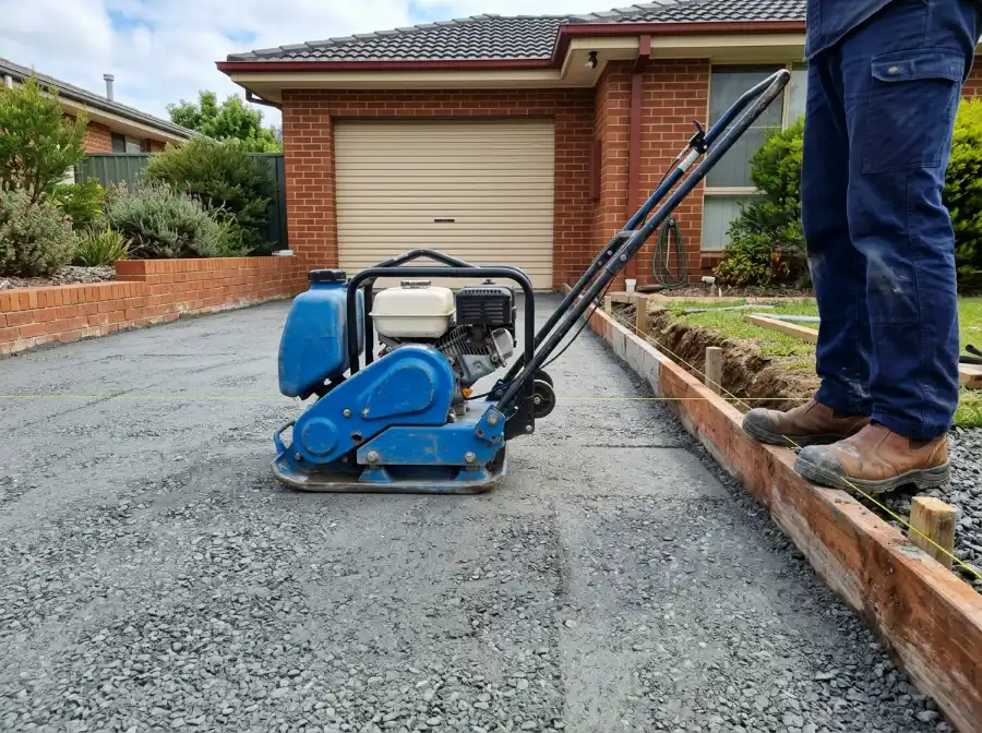 Plate compactor on a freshly compacted layer of crushed road base