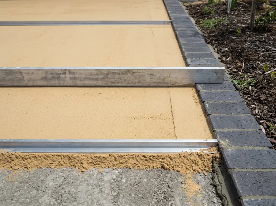 Bedding sand screeded flat beside a mortared edge course