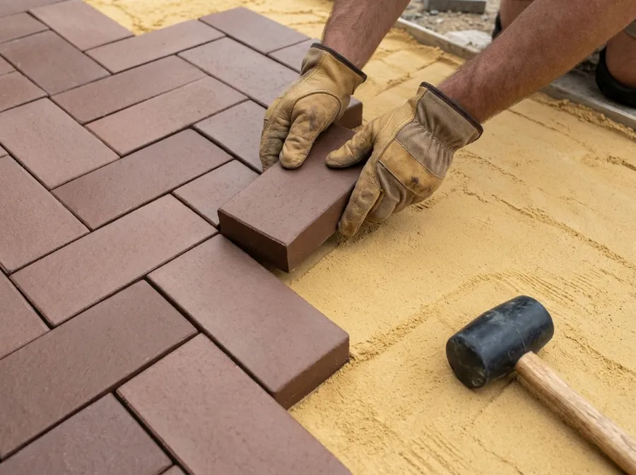 Gloved hands laying brown clay pavers in herringbone onto a screeded sand bed