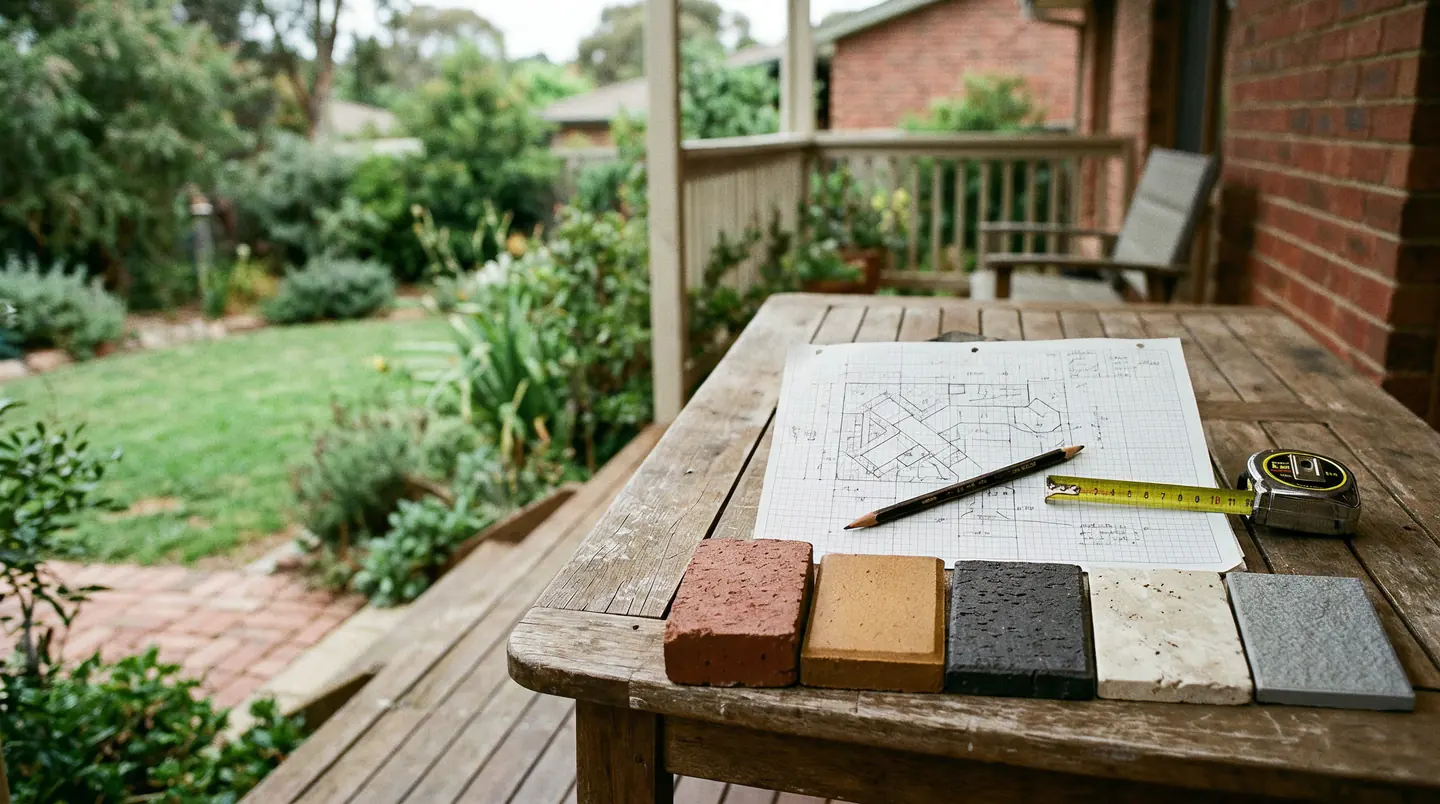 Paving site plan, tape measure and five sample pavers in clay, travertine and porcelain on a verandah table at a Canberra home