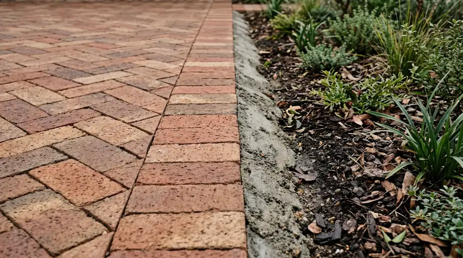 Red-brown clay paver driveway edge with a border row held by a sloped strip of mortar haunching beside a garden bed