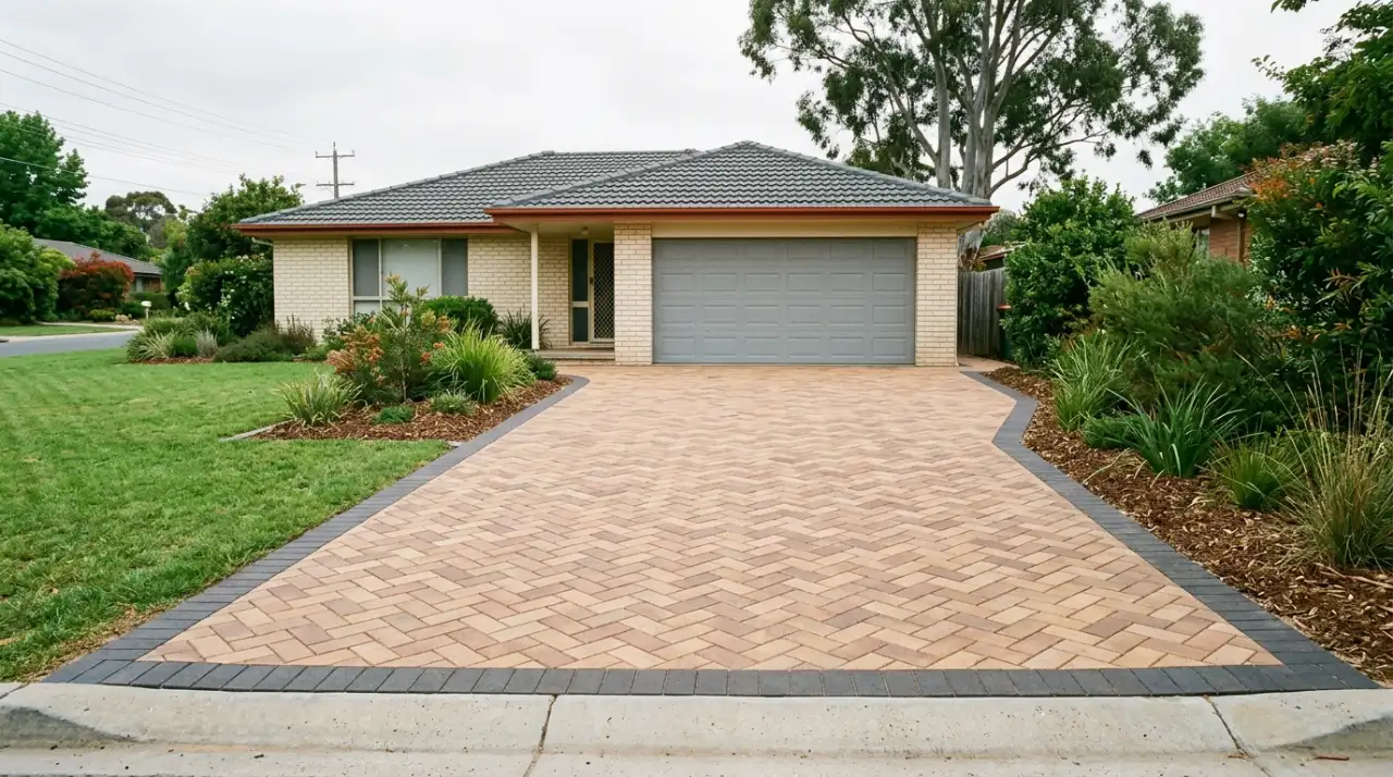 Completed honey and tan clay paver driveway in 45 degree herringbone with a charcoal border row, leading to the garage of a cream brick Canberra home