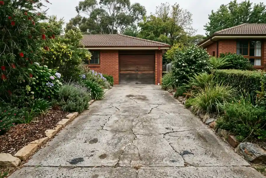 Old cracked grey concrete driveway in front of a brick garage in Canberra