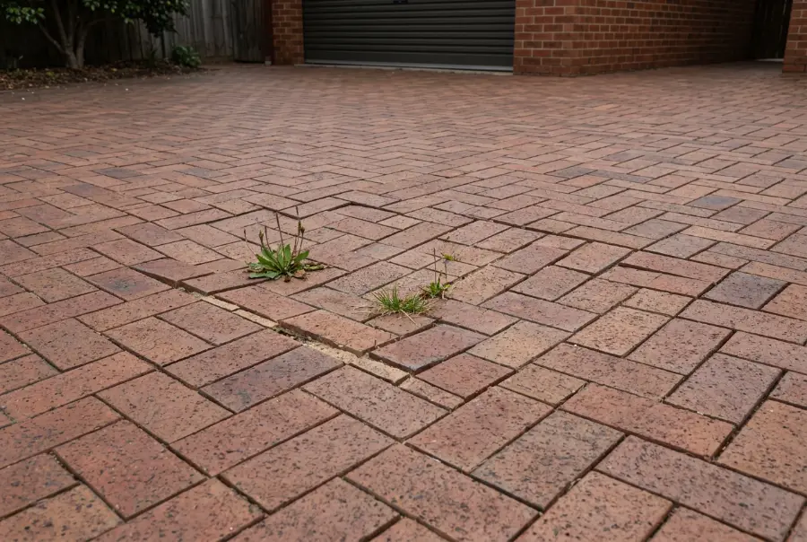 Older clay paver driveway with a sunken section of uneven pavers