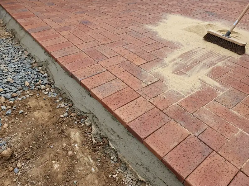 Mortar haunching along the border row of a new clay paver driveway while jointing sand is swept in
