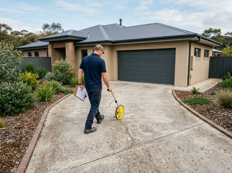 Paver measuring an existing concrete driveway with a measuring wheel at a modern Canberra home