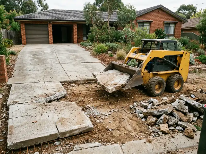 Skid steer lifting saw-cut slabs of an old concrete driveway with the reinforcing mesh exposed