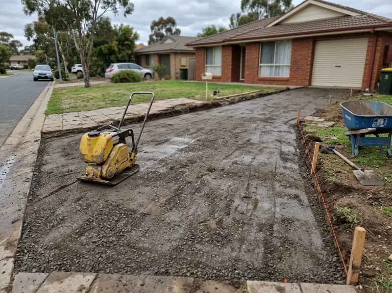 Plate compactor on damp compacted road base for a new driveway, with a string line on timber pegs