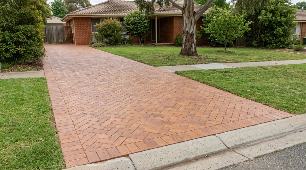 Copper blend clay paver driveway crossing the grass verge to the street kerb in a leafy Canberra suburb