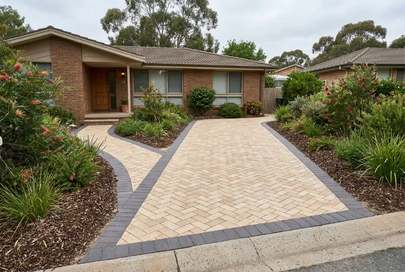 Buff and cream blend clay paver driveway in herringbone with a charcoal border, branching into a paved path to the front door of a brick home