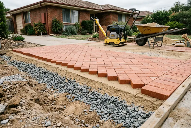 New clay paver driveway being built, with the trench edge showing compacted crushed rock road base, bedding sand and herringbone pavers on top