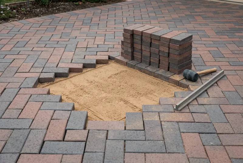A section of blue-grey blend herringbone clay pavers lifted from a driveway with the sand bed exposed and the pavers stacked ready to relay