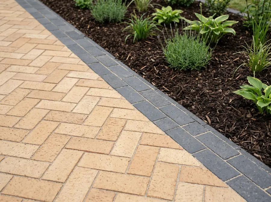 Clay pavers dry laid in herringbone with sand swept into the joints