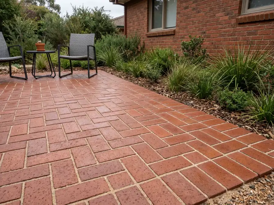 Red-brown clay pavers in herringbone on a small backyard patio beside a native garden bed