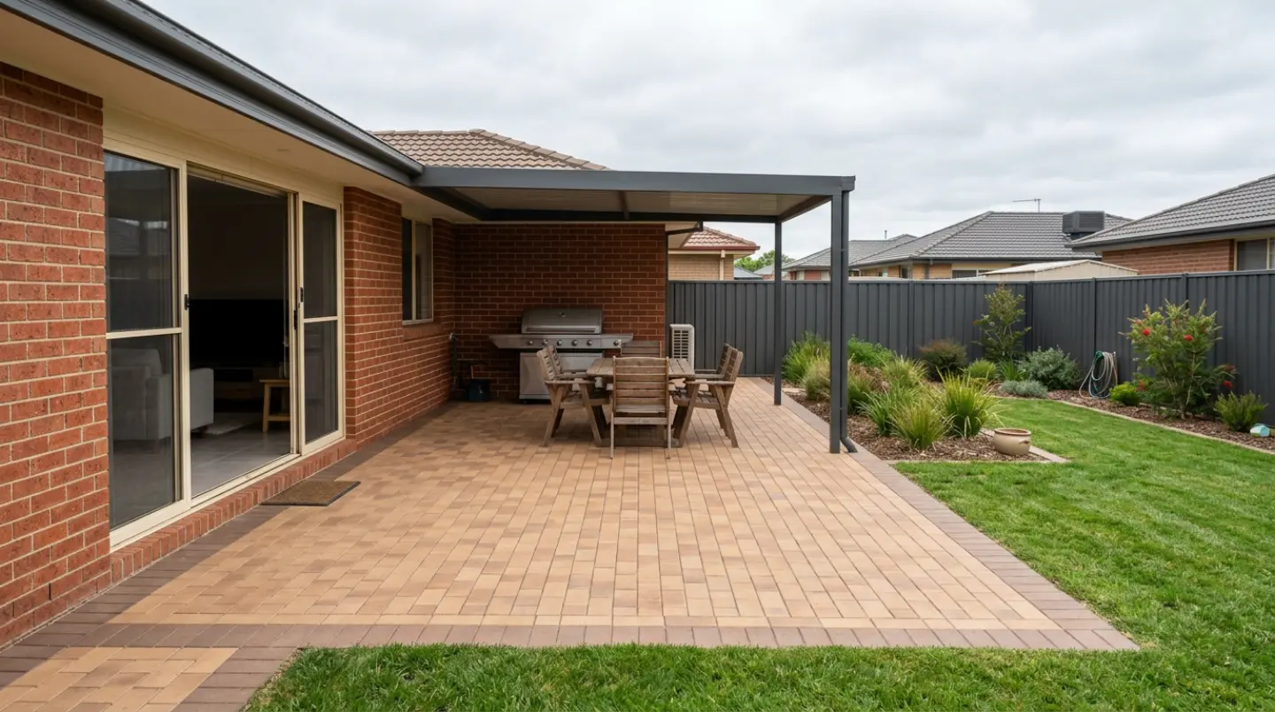 Tan clay paver patio with a darker header course under a flat alfresco roof, with an outdoor dining table, at a Canberra brick home
