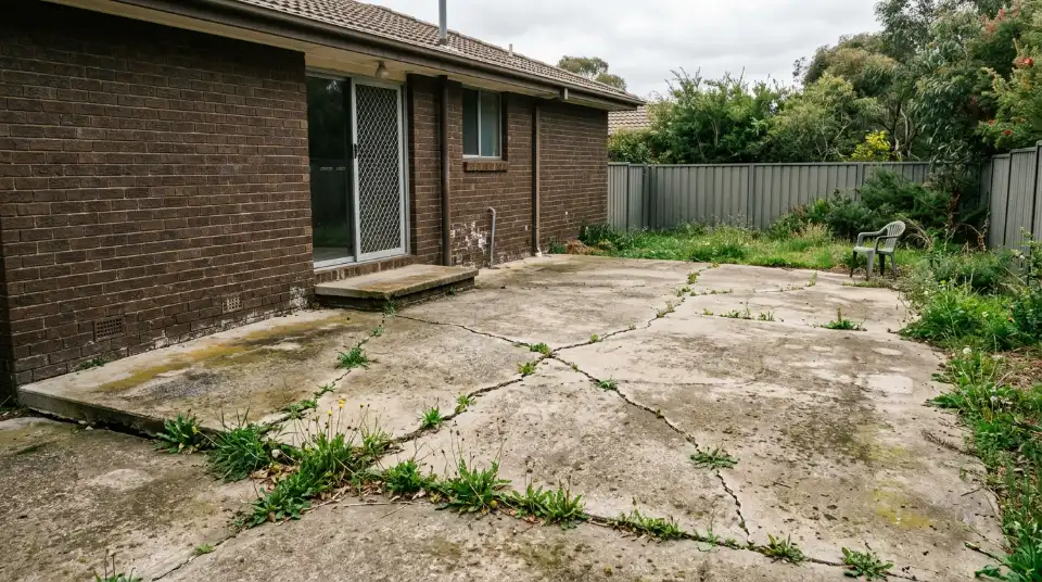 Old cracked concrete patio with weeds growing in the cracks behind a brick home with a sliding door