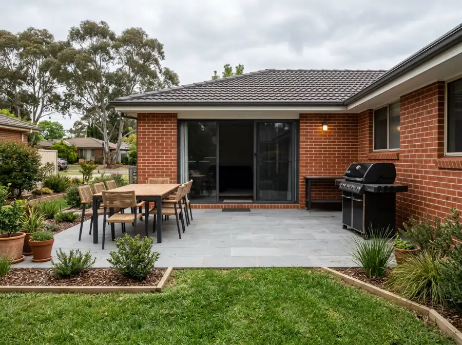 Paved alfresco area with an eight-seat dining table, room to walk around it and paving flush with the door