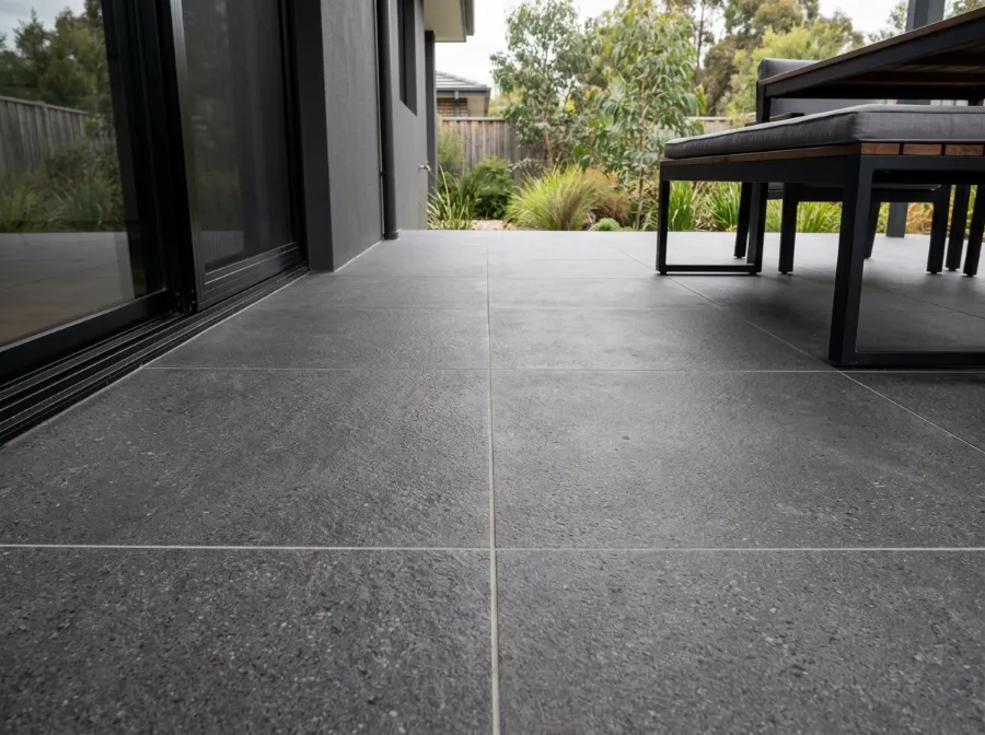 Large charcoal concrete-look porcelain pavers on an alfresco patio beside a black sliding door