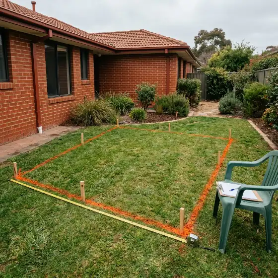 Backyard marked out with paint lines and pegs for a new patio