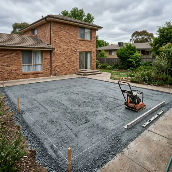 Compacted road base for a new patio with string lines and a plate compactor