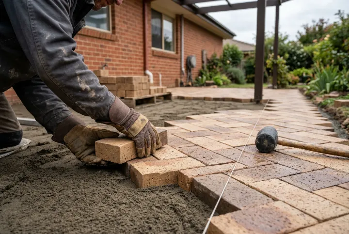 Gloved hands setting tan clay pavers onto screeded bedding sand for a new patio beside a pergola post, with a string line and rubber mallet