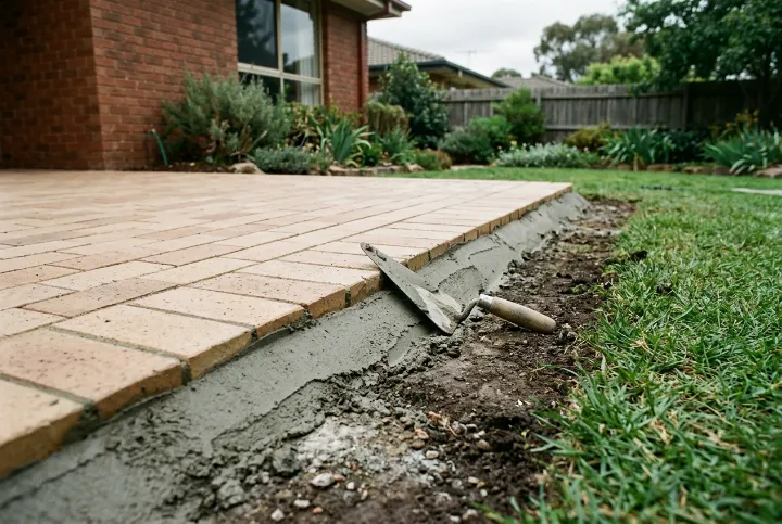 Header course of tan clay pavers along a patio edge with a fresh mortar haunch troweled against the lawn