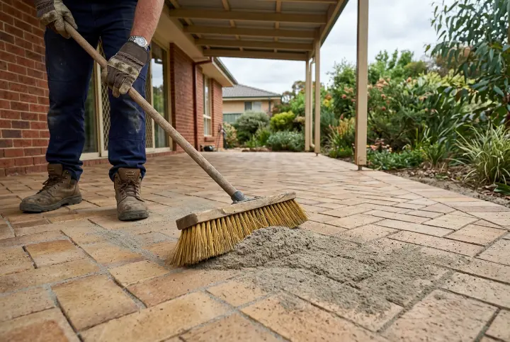 Polymeric sand being swept with a yard broom into the joints of a new clay paver patio under an alfresco roof
