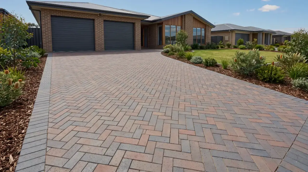 New blue-grey and red-brown blend clay paver driveway laid in herringbone in front of a brick Canberra home