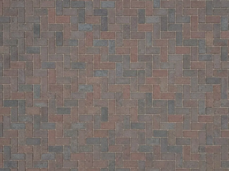 Charcoal and plum blend clay pavers laid in 90 degree herringbone, seen from above