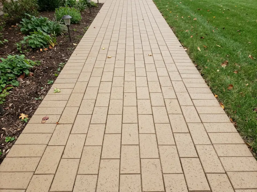 Buff clay paver garden path laid in stretcher bond