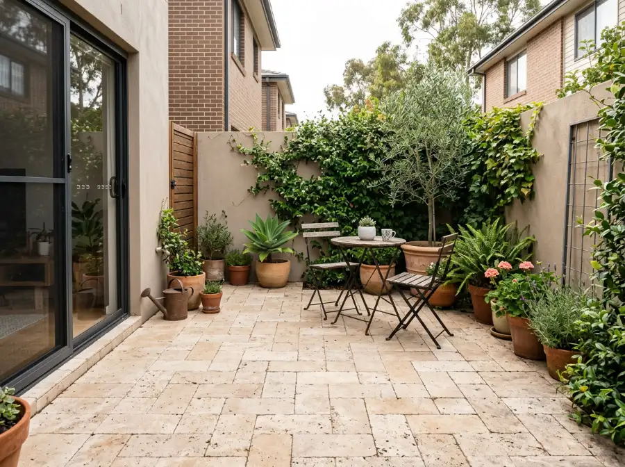 Small rear courtyard paved in almond travertine in a French pattern with a bistro table and potted plants