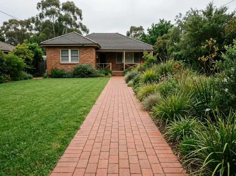 Straight garden path in terracotta clay pavers on sand with a soldier course along the lawn