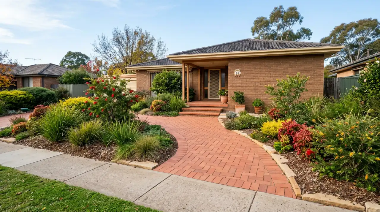 Red clay paver front path curving through native garden beds to the porch steps of a Canberra brick home