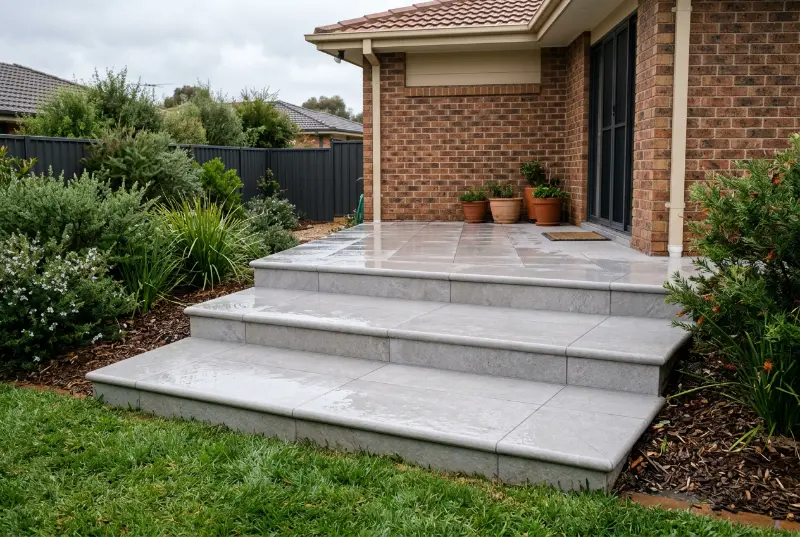 Rain-damp light grey porcelain garden steps with rounded front edges leading up to the back patio of a brick home