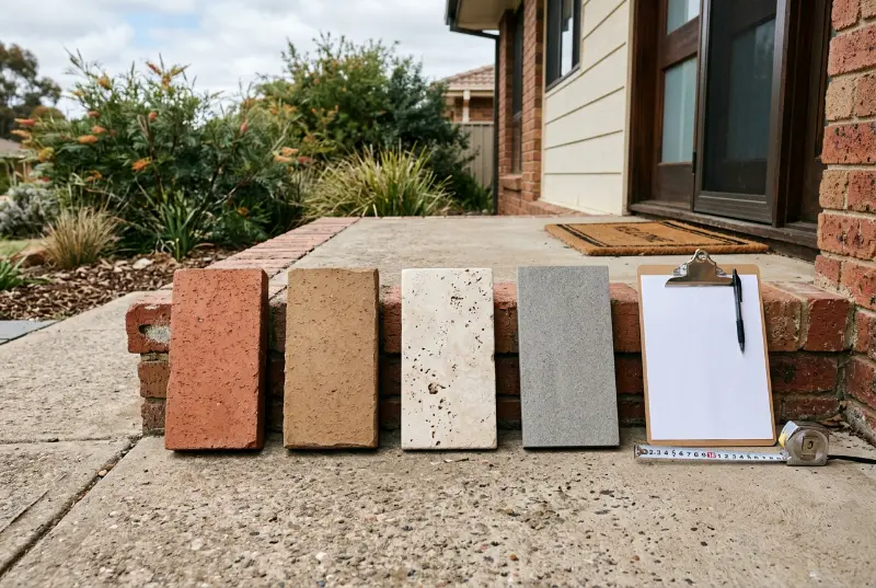Red clay, tan clay, ivory travertine and grey porcelain paver samples leaning against a brick front step beside a clipboard and tape measure