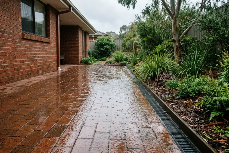 Rain running off a clay paver courtyard into a slot drain away from the house wall