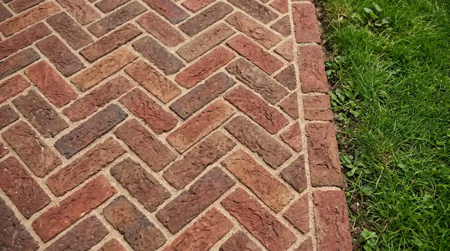 Close-up of a red and brown clay paver path in herringbone with a soldier course edge beside the lawn