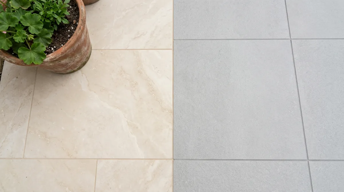 Close-up of filled and honed ivory travertine pavers meeting light grey outdoor porcelain in a courtyard