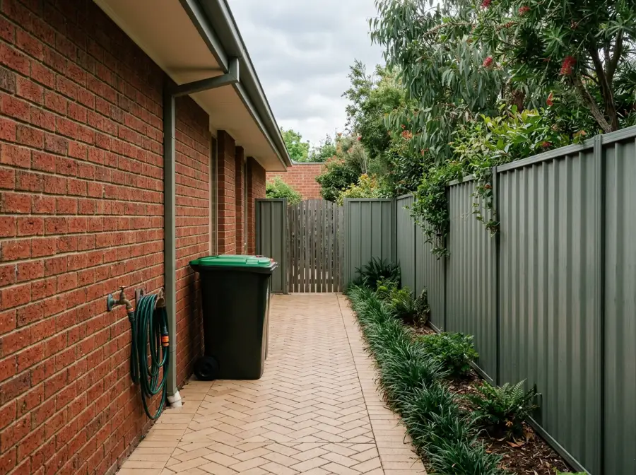 Buff clay pavers in herringbone along a side path between a brick house and a Colorbond fence