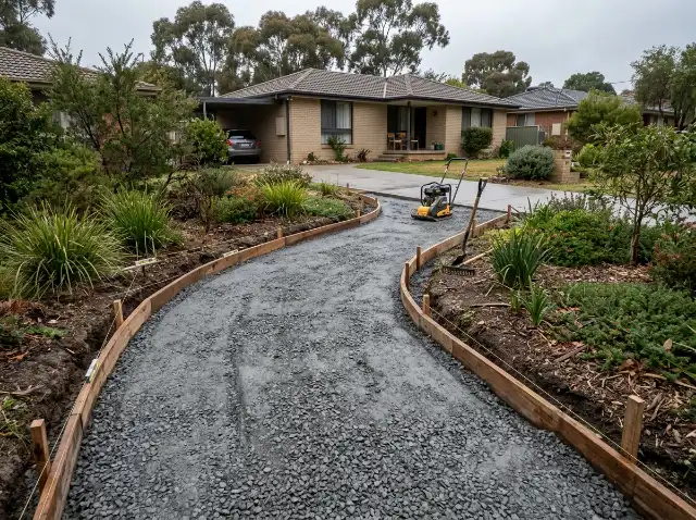Curved path trench filled with compacted crushed rock road base between timber edge boards