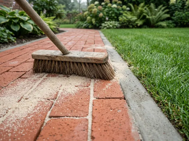 Broom sweeping jointing sand into a new red clay paver path beside a lawn