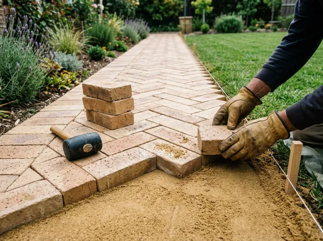 Gloved hands laying buff clay pavers in herringbone on screeded sand along a string line, with a mallet and a stack of pavers