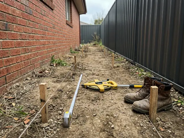 Side path of bare ground between a brick house and a fence, with pegs, a string line and a tape measure