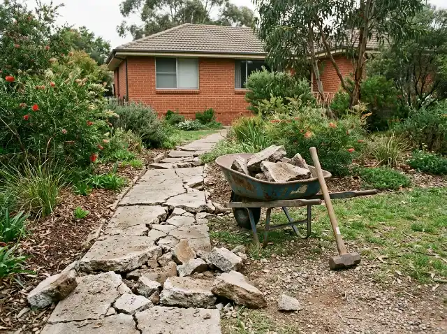 Old cracked concrete garden path broken up, with pieces in a wheelbarrow