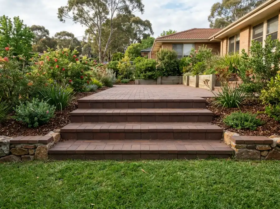 Four wide garden steps built in chocolate brown clay pavers rising from a lawn to a paved terrace