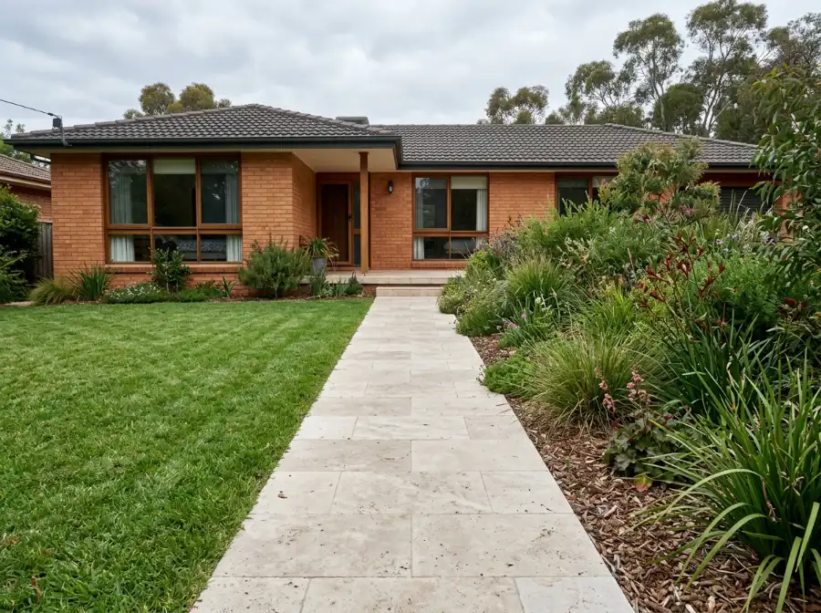 Straight garden path in honed ivory travertine laid in mortar beside a lawn