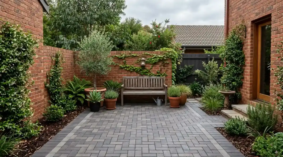 Small rear courtyard paved in charcoal and grey clay pavers in basket weave, with a timber bench and pot plants